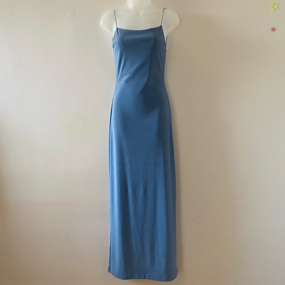 VINTAGE 90s Y2K BABY BLUE GLITTER OPEN BACK GOWN PROM DRESS W/ SIDE SLIT